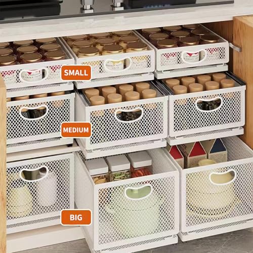 Sliding Cabinet Basket Organizer Drawer Self Adhesive Slide out Pantry Shelves Heavy Duty Carbon Steel Slide Cabinet Storage Basket with Handle for Bathroom Kitchen Home - size: Large