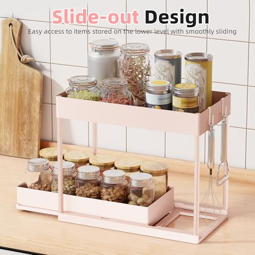 Simple Trending Under Sink Organizer 2 Pack, Sink Pull-Out Sliding Storage Cabinet, 2-Tier Under Shelf Organizer for Kitchen Bathroom, Pink - color: Pink, size: 2 pack