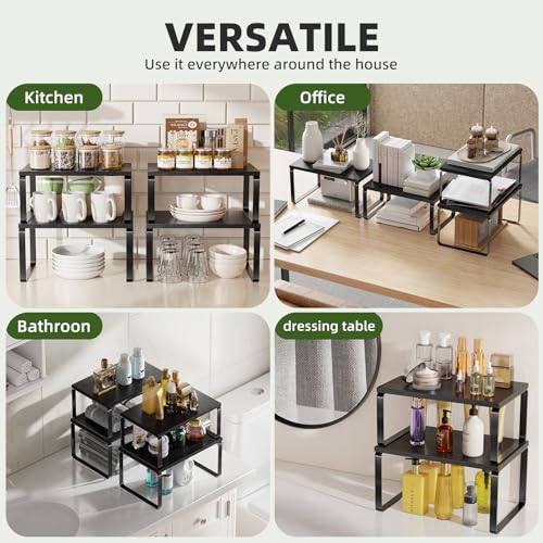 Simple Trending Cabinet Organizer Shelf, Set of 2 Stackable Kitchen Counter Shelves, Expandable Spice Rack Kitchen Storage Riser, Metal Engineered Wood, Black