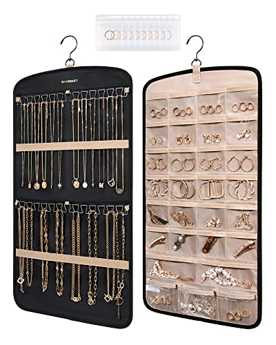 BAGSMART Hanging Jewelry Organizer, Necklace Holder Anti-tangle Earrings Rings Hanger with 10 Jewelry Bags Travel Storage Roll with Pockets Hang on Closet, Wall, Door,1 Piece, Small, Black - color: Black, size: Medium - Standard