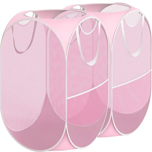 Simple Houseware Mesh Pop-Up Laundry Hamper Basket With Side Pocket, Pink - 2 Pack - color: Pink, size: 2 Pack