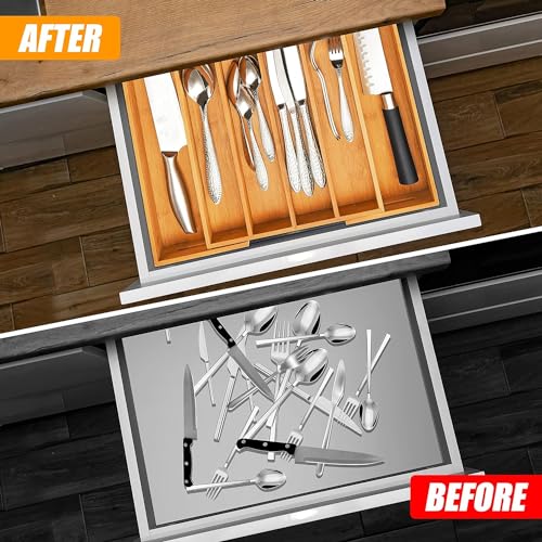 Kitchen Silverware Drawer Organizer and Storage Flatware Cutlery Utensil Holder Spice Rack Containers Bathroom Counter Cabinet Office Desk Makeup Drawer Tray Kitchen and Dining Tools Decor Accessories - color: Nature, size: 7 Slots Expandable-2PC