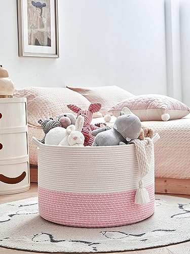 R RUNKA Extra Large Cotton Rope Basket 22" x 14"| Toy Basket - color: White & Pink