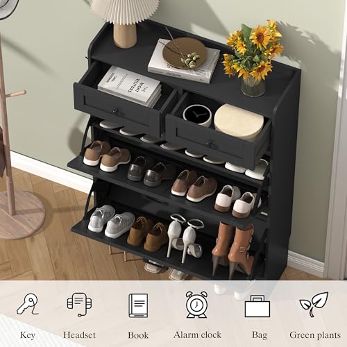 Thacuok Black Shoe Cabinet with 2 Flip Drawers & 2 Storage Drawers, Rustic Farmhouse Narrow Shoe Organizer Cabinet, Slim Shoe Rack Cabinet, Shoe Storage Cabinet for Entryway, Hallway - color: Black, size: 2 Drawers