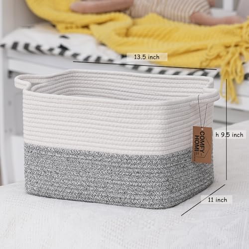 COMFY-HOMI Cotton Rope Woven Basket with Handles for Shelves,Toys,Book, Cloth Storage Baskets Bin for Organizing-13.5"x11"x9.5" Toy Decorative Organizer for Living Room, Bathroom-White/Grey - color: White/Grey, size: 13.5"X11"X9.5"