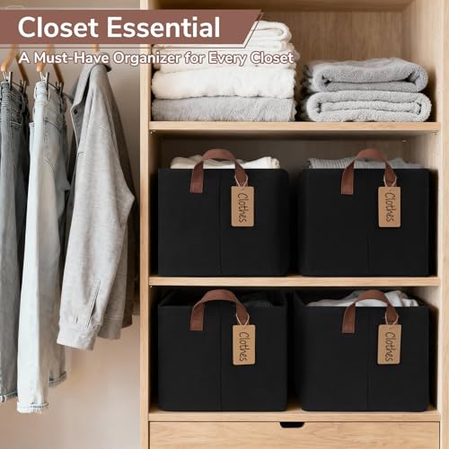 CHICVITA 4 Pack Large Storage Baskets for Shelves, Collapsible Shelf Baskets for Organizing, Fabric Closet Organizers and Storage Bins with Metal Frame, 16.8" x 11" x 9.8", Black - color: Black, size: 30L (16.8"L x 11"W x 9.8"H)