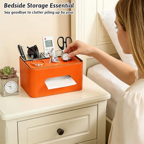 PU Leather Tissue Box Cover Square - Multifunctional Tissue Box Holder with Storage, Tissue and Remote Control Holder Organizer with Compartments for Bedroom Nightstand, Desk, Living Room (Orange) - color: Orange