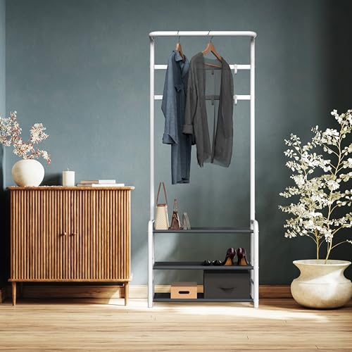 Simple Houseware Space-Saving Coat Rack with Storage Shelf, Black Freestanding Hall Tree Organizer with Hooks for Entryway, Bedroom, Office, Coats, Hats, Jackets, Scarves - White - color: White