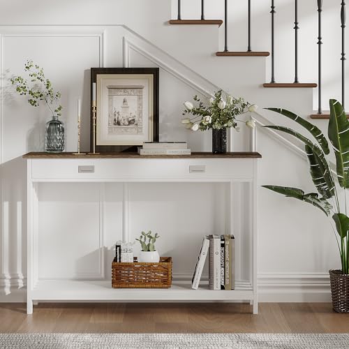 ChooChoo 47" Farmhouse Entryway Table with Drawer, Narrow Console Table with Storage Shelf, Sofa Table for Living Room, Entryway, and Hallway, White and Brown - color: White&brown, size: 11.8"D x 47.2"W x 31.5"H