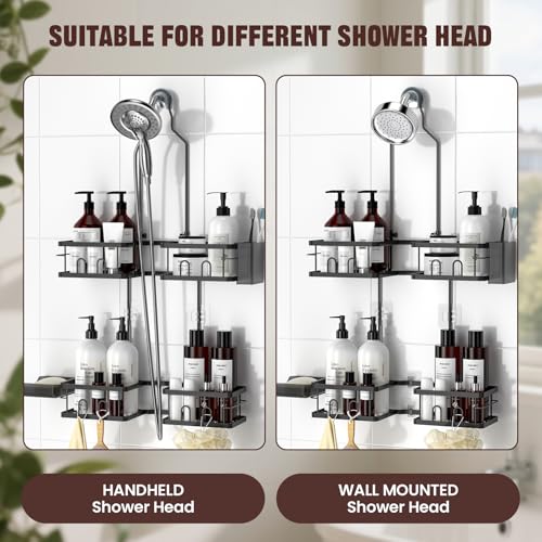 REINHARDT Adjustable Shower Caddy Hanging Rustproof Shower Caddy for Handheld Showerheads, Shower Organizer with Hooks Soap Holder Toothbrush Holder, Anti-Swing Shower Rack Bathroom Accessories, Black - color: Black