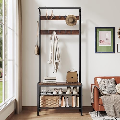 Hall Tree with Bench and Shoe Storage, 4-in-1 Entryway Organizer with 10 Hooks and Storage Shelf,Coat Rack Freestanding with 2-Tier Storage Shelf for Living Room, Bedroom Rustic - color: Brown