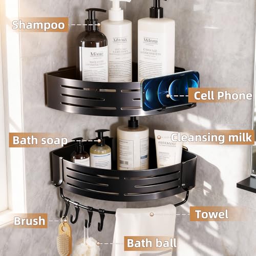 Corner Shower Caddy,Adhesive Shower Caddy,No Drilling Bathroom Organizers And Storage,Bathroom Corner Shower Shelves,Estantes Para Baños,Shower Caddy Adhesive Pad With Towel Bar Hooks（2-Pack，Black） - color: BLACK