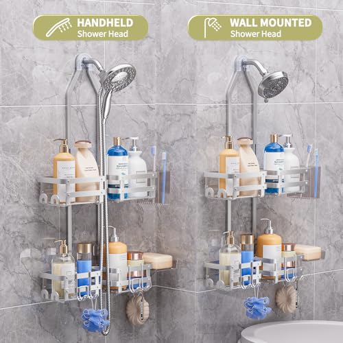 GAOKASE Aluminum Shower Caddy Hanging, Never Rust Shower Organizer- 4 Levels with adjustable Height 10 Hooks for Razor/Sponge - Rack with Soap Basket (Silver) - color: Silver
