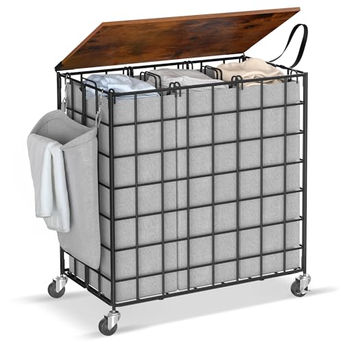 Laundry Basket with Wheels, Heavy Duty Laundry Sorter 3 Sections, 140L (37Gal.) Large Capacity Laundry Hamper with Wood Lid, 360 Rolling Wheels, Extra Side Pocket, Leather Pull Handle (Grey) - color: Grey, size: 140L