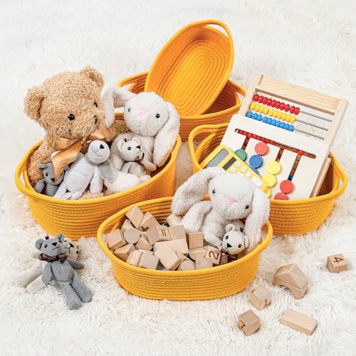 CubesLand Small Cotton Rope Storage Basket Set 5, Shelves Baskets for Organizing with Handle, Decorative Closet Storage Bins for Countertop Toilet Paper Basket for Toilet Tank Top,Yellow Basket - color: Yellow