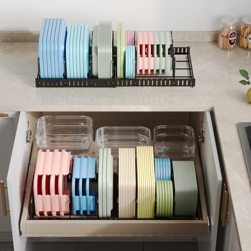 Expandable Food Container Lid Organizer,Large Capacity Adjustable 8 Dividers Detachable Lid Organizer Rack for Cabinets, Cupboards, Pantry Shelves, Drawers Keep Kitchen Tidy,Black 10.2”wide,3.6 Pound. - color: Black