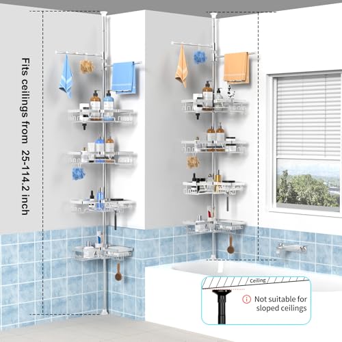 KEGII Shower Caddy Tension Pole with 2 Towel Bars, Adjustable Corner Bathroom Organizer, Rustproof Bathtub Storage Shelves for Shampoo, 25–114.2 Inch Shower Rack for Renters & Family, Silver - style: Shower Caddy with Towel Bar - Brushed Silver