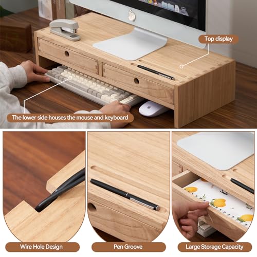 KIRIGEN Wood Monitor Stand with 2 Drawers, Solid Wood Computer Monitor Riser for Desk, Desktop Organizer Shelf with Cable Management, Pen Slots, Natural, No Assembly PMJ-NA - color: Natural