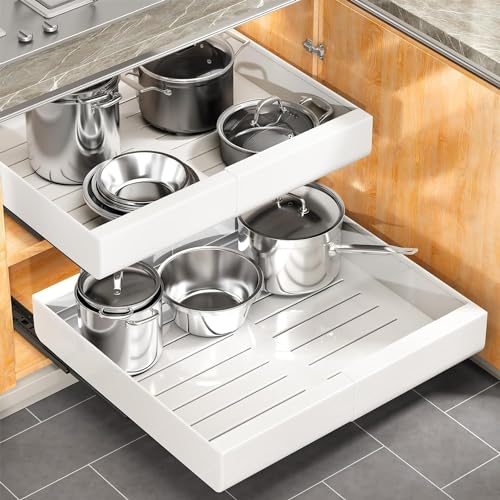 Pull out Cabinet Organizer, Expandable(12"-20") Heavy Duty Slide out Drawers Fixed with Adhesive Nano Film for Pots, Roll out Shelf Storage for Kitchen Base Cabinet, Pantry, Bathroom(2-Pack) - color: White, size: 17"D×12"-20"W(2 Pack)