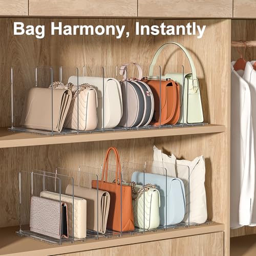 SortNStore Bag & Purse Organizer for Closet: Adjustable Clear Handbag Storage Shelf - Plastic Clutch Dividers for Closet Organizers and Storage - Keep Carteras & Pocketbook Upright - color: Clear, size: 2 Bases+7 Dividers