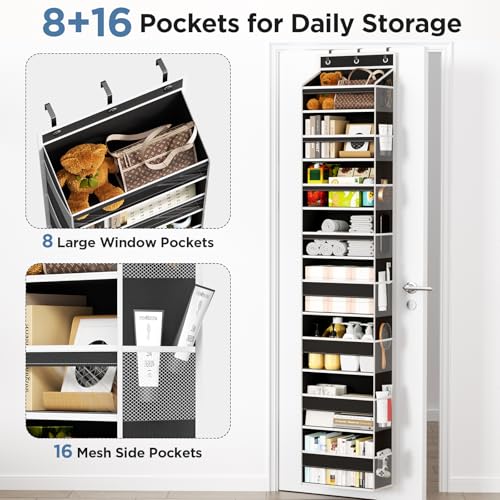 Mefirt Over The Door Organizer, 8 Shelf Door Hanging Organizers with 8 Large Capacity Pockets, Back of Door Organizer Storage Hanging Shelves for Closet Bathroom Bedroom Nursery - color: Black, size: 8-Tier