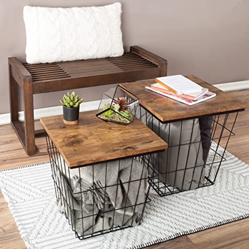 End Tables Set of 2 - Nesting Tables with Removable Wood Tops and Metal Basket Bases for Blanket Storage - Square Side Furniture for Living Room, Bedroom, or Home Office by Lavish Home (Brown) - color: Brown Square 2