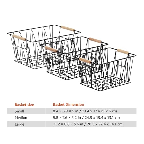 Amazon Basics Stackable Rectangular Wire Storage Baskets for Closet Organization, Set of 3, Multipurpose Home Organizer, Black