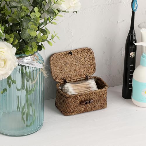 Seagrass Basket Bin with Lid Mini Size Handwoven Wicker Storage Container Storage Basket Decorative Desktop Organizer for Shelf Bathroom Home Decor, 4.3"x2.5"x2.1" - size: 4.3"L x 2.5"W x 2.1"H