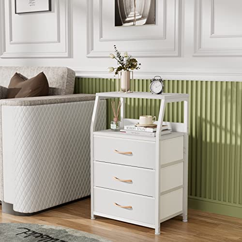 Furnulem White Nightstand with 3 Drawers and 2-Tier Shelf, Small Night Stand End Table Side Furniture, Fabric Storage Organizer for Bedroom, Closet, Hallway, Nursery, Sturdy Steel Frame, Wood Top - color: White, style: 3 Drawers