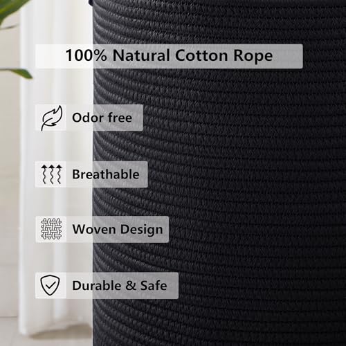 60L Black Woven Cotton Rope Laundry Hamper Basket for Clothes Tall Modern Blanket Storage Basket in Living Room Bedroom 15Dx20H inches - color: Black, size: Large (60L)
