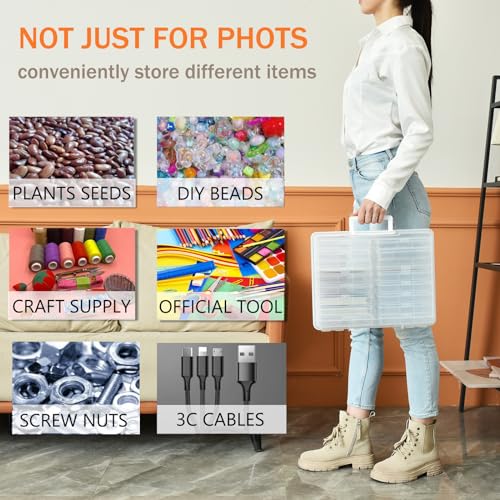 ALINK Photo Storage Box with Handle, 4" x 6" Photo Case Craft Keeper Organizer Container with 16 Inner Case and Label for Pictures, Arts, Crafts, Sewing, Stickers, Office Supplies - Clear - color: Clear