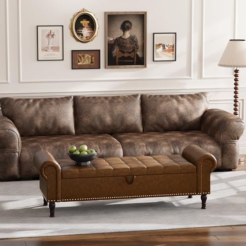 Apicizon 60” Bench with Storage, Upholstered Tufted Button Bedroom Bench with Storage, Faux Leather Ottoman Bench for Bedroom, Living Room, Entryway, Yellow Brown - color: Brown, size: 60 Inches