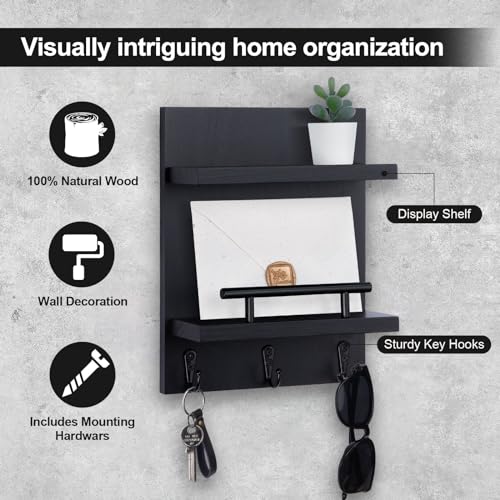 Key Holder Wall Mount, Mail Shelf Decor with 3 Key Hooks, Versatile Wood Wall Organizer for Entryway Hallway (8.2” x 10.6”x 3.6”) (Black) - color: Black
