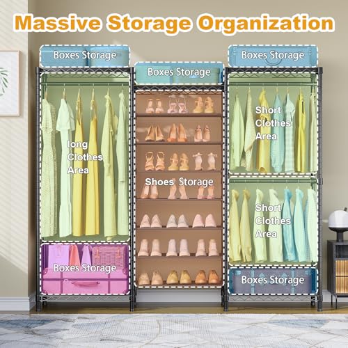 ULIFHOME E16 Heavy Duty Clothing Rack（with 7-Tier Adjustable Shoe Rack） Freestanding Clothes Rack for Hanging Clothes，Metal Closet Storage Organizer Large Wardrobe，69'' W x 15.8'' D x 76.2'' H，Black - color: Black