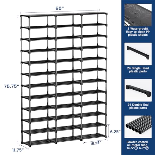 Mavivegue 3 Row 12 Tiers Shoe Rack, Large Storage Space, Metal Shoe Rack Organizer for Entryway, Closet, Bedroom, Garage,Black - color: Black, size: 3 Row 12 Tier