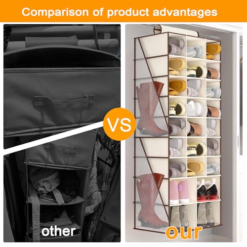 VERONLY Hanging Shoe Organizer for Closet-Collapsible Storage Rack with 25 Sections & 4 Side Pockets, Hanging Shoe Shelves for Hats,and Clothes, Beige - style: 3-Column Beige
