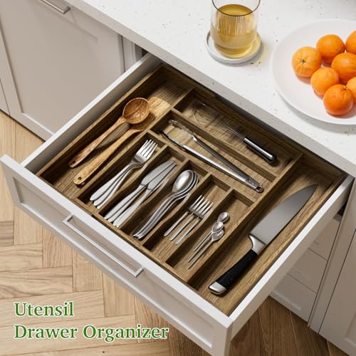 Kiasthome Acacia Wood Kitchen Silverware Drawer Organizer, Expandable Utensil Cutlery Drawer Organizer with Dividers, Flatware Organizer Silverware Tray for Spoon, Fork, 13''-20''x16.9'' (7-9 Slots) - size: 9 Slots Expandable