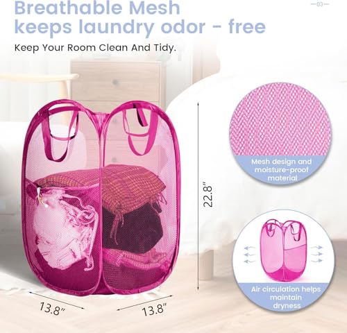 Strong Mesh Pop-up Laundry Hamper, Quality Laundry Basket with Durable Handles Solid Bottom High Carbon Steel Frame, Easy to Open and Fold Flat for Storage (Pink) - color: Pink, size: 1-Pack