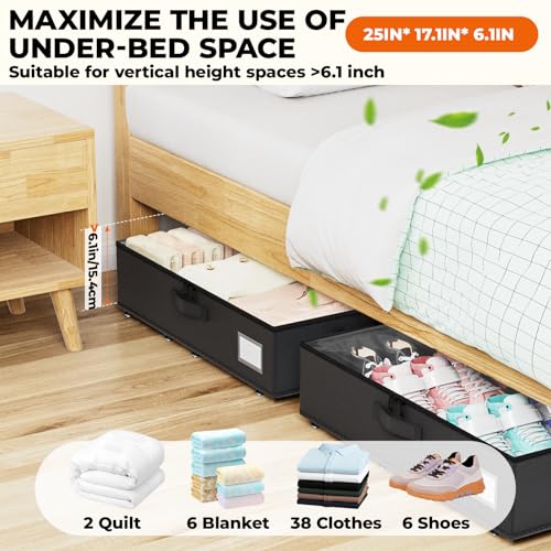Dayacoco Underbed Storage with Wheels, 2 Pack Under Bed Storage Containers with Clear Lids No Assembly Required, 6.1 inch Rolling Under Bed Storage for Clothes, Shoes - size: 6.1 inch height-black