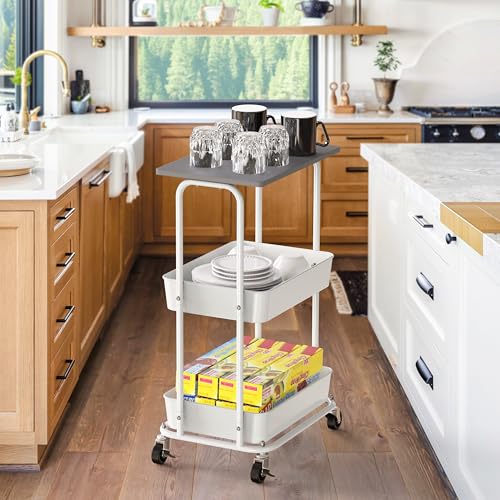 Simple Houseware 2-Tier Rolling Utility Cart with Lockable Wheels and Wood Top, Metal Storage Organizer Trolley for Kitchen, Bathroom, Office, Craft Room, Grey - color: Grey