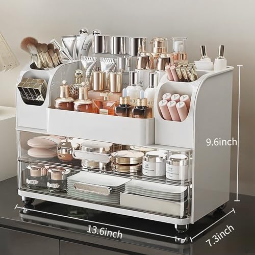 Makeup Organizer with Drawers for Vanity,Bathroom Countertop Organizer with Brushes Holder,Skincare Storage Organizer,Perfect Cosmetic Display Case for Skincare,Lipstick and Beauty Essential (White) - color: White