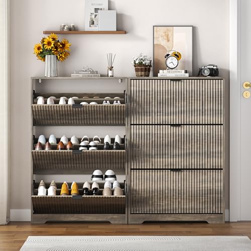 HUANLEGO Shoe Cabinet Storage for Entryway with 3 Flip Drawers, Grey Fluted Shoe Cabinet with Adjustable Shelves, Wooden Hidden Shoe Rack Freestanding Narrow Slim Shoes Storage for Hallway, Entrance - color: Grey, size: 3 Drawer