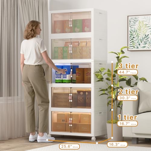 UAMFURI Extra Large Stackable Storage Bins with Lids & Wheels, 360QT-120QT/30GAL*3Pack Foldable Collapsible Closet Organizers Storage Cabinet with Doors for Bedroom Dorm - color: white, size: 3PACK-25"W16"D45"H