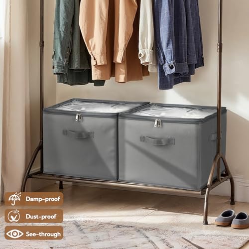 VZZNN Shoe Organizer for Closet, 2 Pack Foldable Shoe Storage Bins with Clear Cover and Adjustable Dividers, Fits up to 16 Pairs, Large Shoe Box Storage Containers with Reinforced Handles (grey) - color: Grey