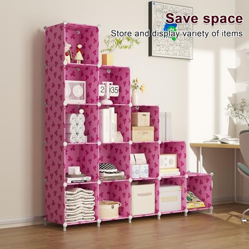 UNKU Cube Storage Organizer, 15 Cube Closet Organizer Storage Shelves, DIY Stackable Bookcase, Clothes Organizer Shelf for Closet, Bedroom, Living Room, Cabinet, Home, Office, Pink - color: Pink, size: 15cube