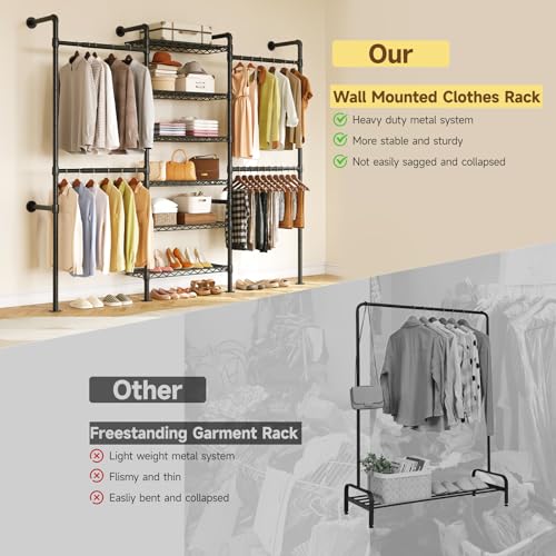 ONBRILL H3 Wall Mounted Closet System, Expandable Industrial Pipe Clothes Rack Clothing Rack for Hanging Clothes, Heavy Duty Closet Organizers and Storage in Wardrobe Closet, Black - color: Black