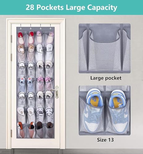 MISSLO 28 Large Pockets Hanging Shoe Rack Door Shoe Organizer Hanging Shoe Storage Hanger for Closet Mesh Holder, Grey - color: Grey, size: 22.6x65