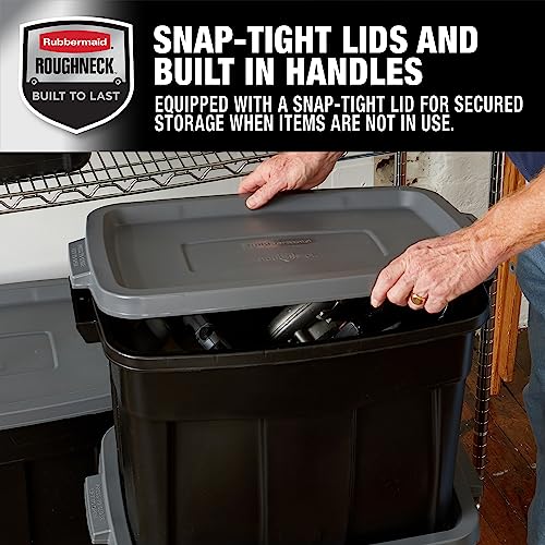 Rubbermaid 18 GAL 6 Pack Garage Storage Bins with Stackable Lid, Heavy Duty - Made in USA - Extreme Temperature Resistant, Durable Plastic Containers with Handles - Solid Black and Grey - size: 18 Gal - 6 Pack