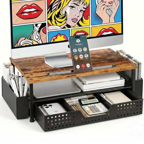 Desk Organizer and Accessories, 2-Tier Computer Monitor Stand Rise with Phone Holder, Drawer & 2 Pen Holders, Laptop & Printer Stand for Desktop, Workspace Organizers for Office Supplies (Brown Wood) - color: Brown Wood