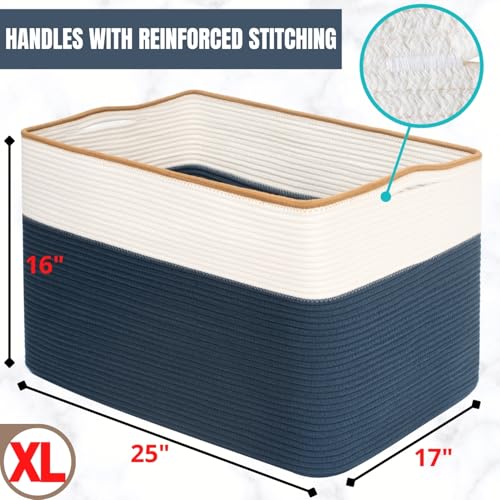 MINTWOOD Design 112L Extra Large Blanket Basket Holder Living Room, 25"x17"x16" Rectangle Rope Woven Storage Basket with Handles for Laundry, Towels, Shoes, Dog Toy Organizer Bin Box, Prussian Blue - color: Prussian Blue